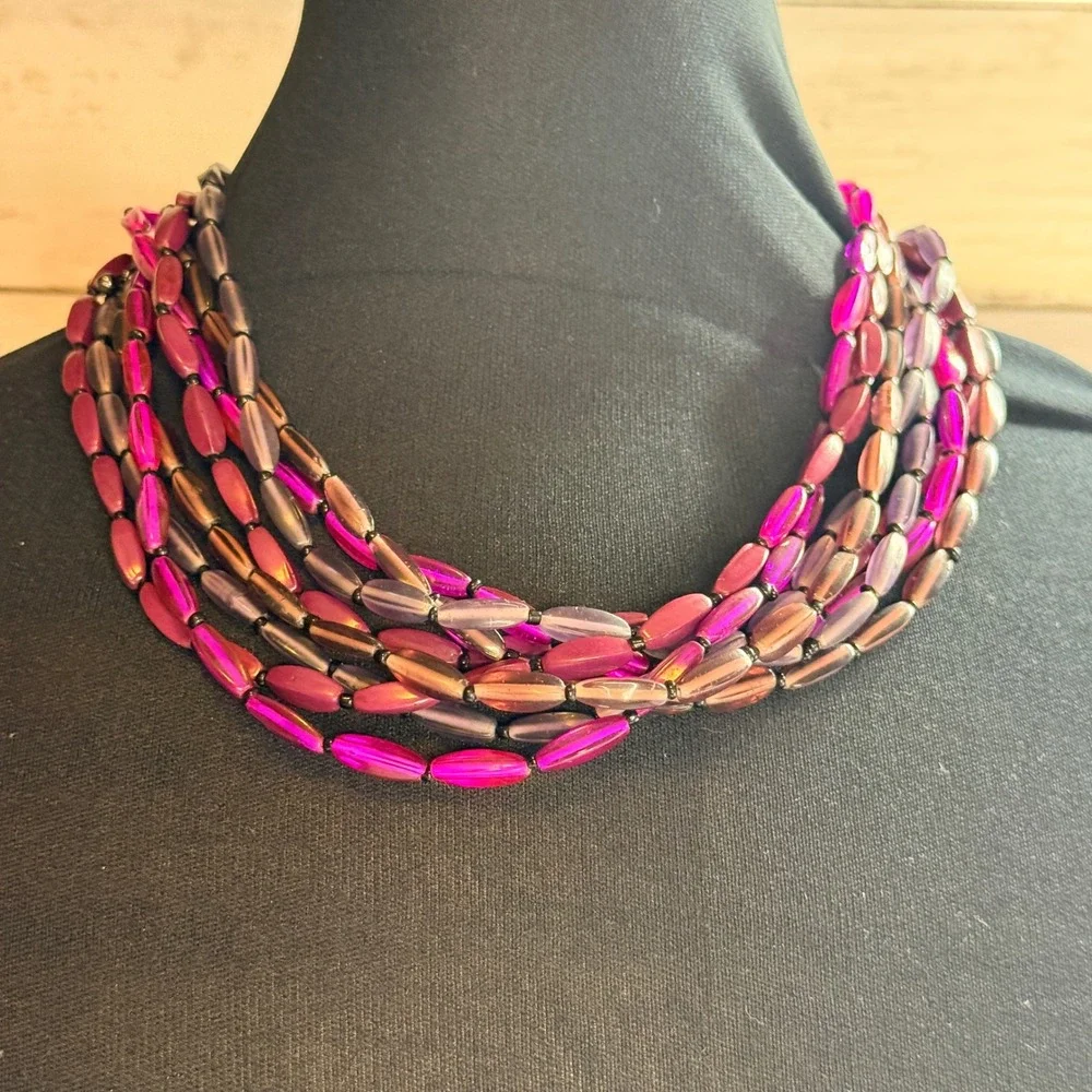 Premier Designs Purple Beaded Four Strand Layered Necklace Gunmetal Tone Clasp